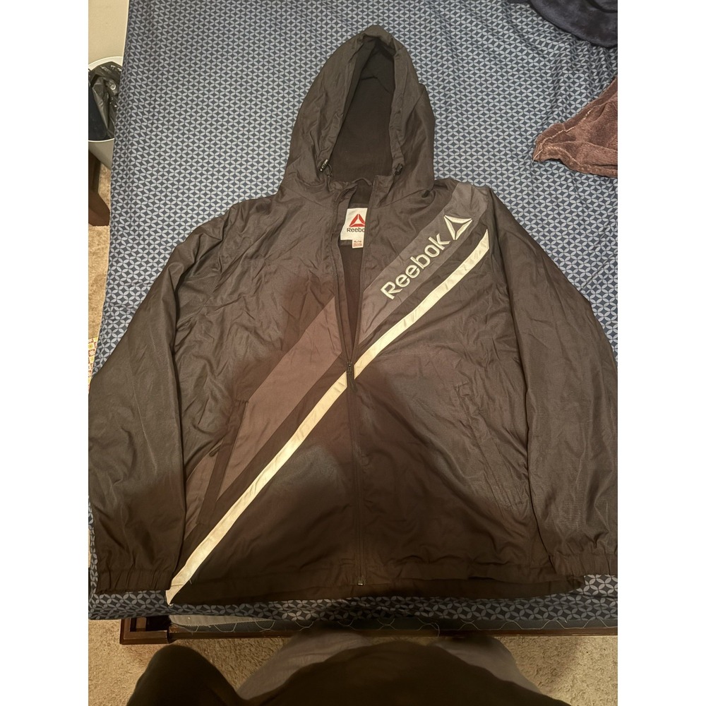 Reebok Men Windbreaker Jacket Black White Sz XL Spellout Logo Lined